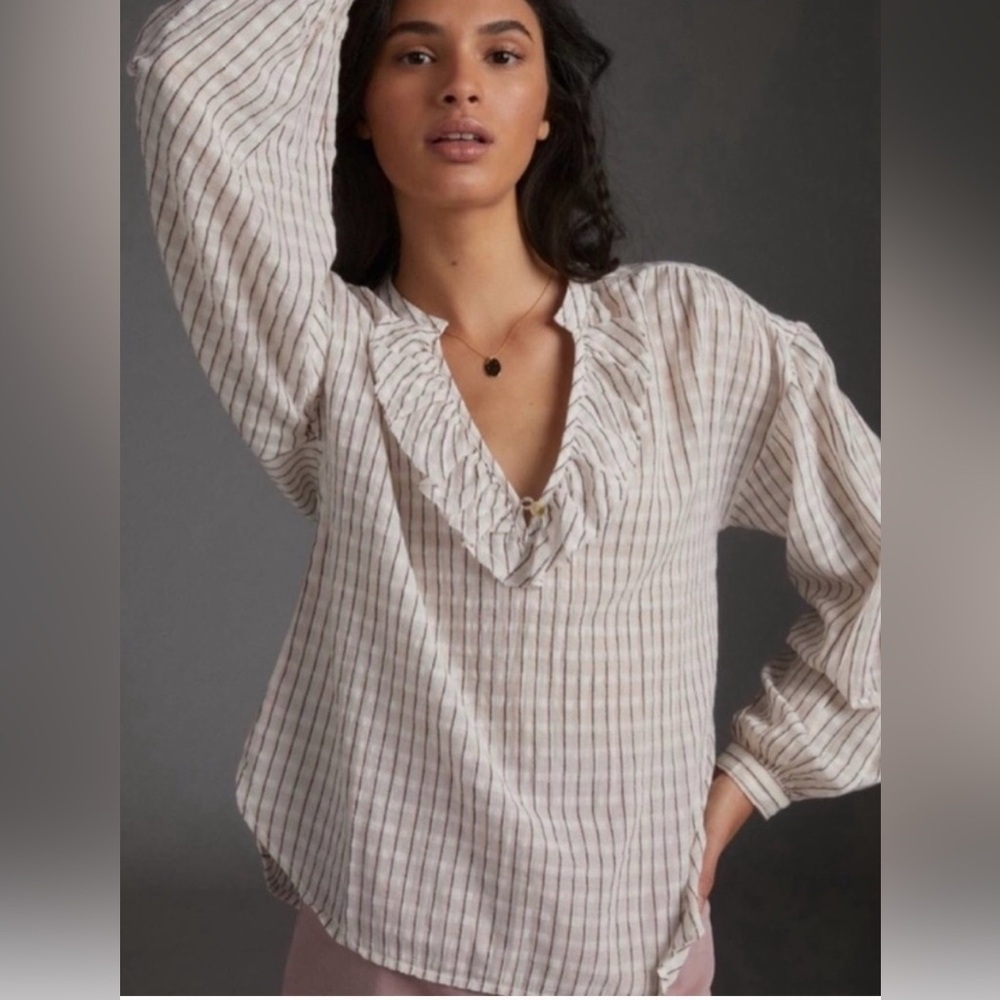 Pilcro Anthropologie Chic Ruffle Stripe Peasant Sleeve Blouse XS Cotton Linen
